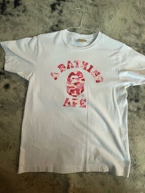 Bape White Tee with Pink Camo Ape Logo